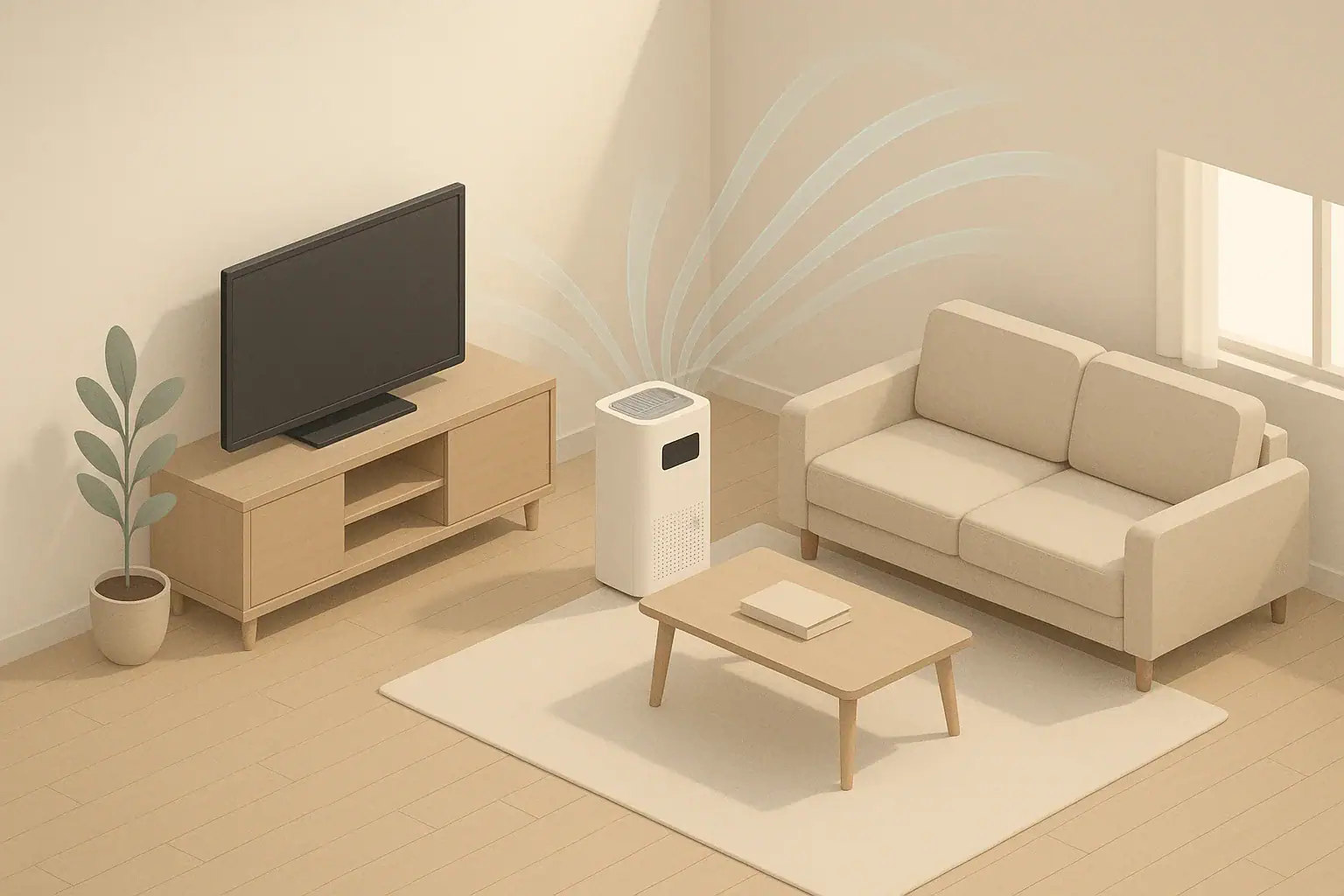 Isometric living room with air purifier and airflow ribbons