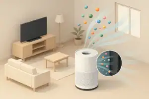 Isometric living room with cutaway activated carbon air filter