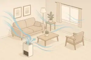 Isometric living room with air purifier reducing indoor gases