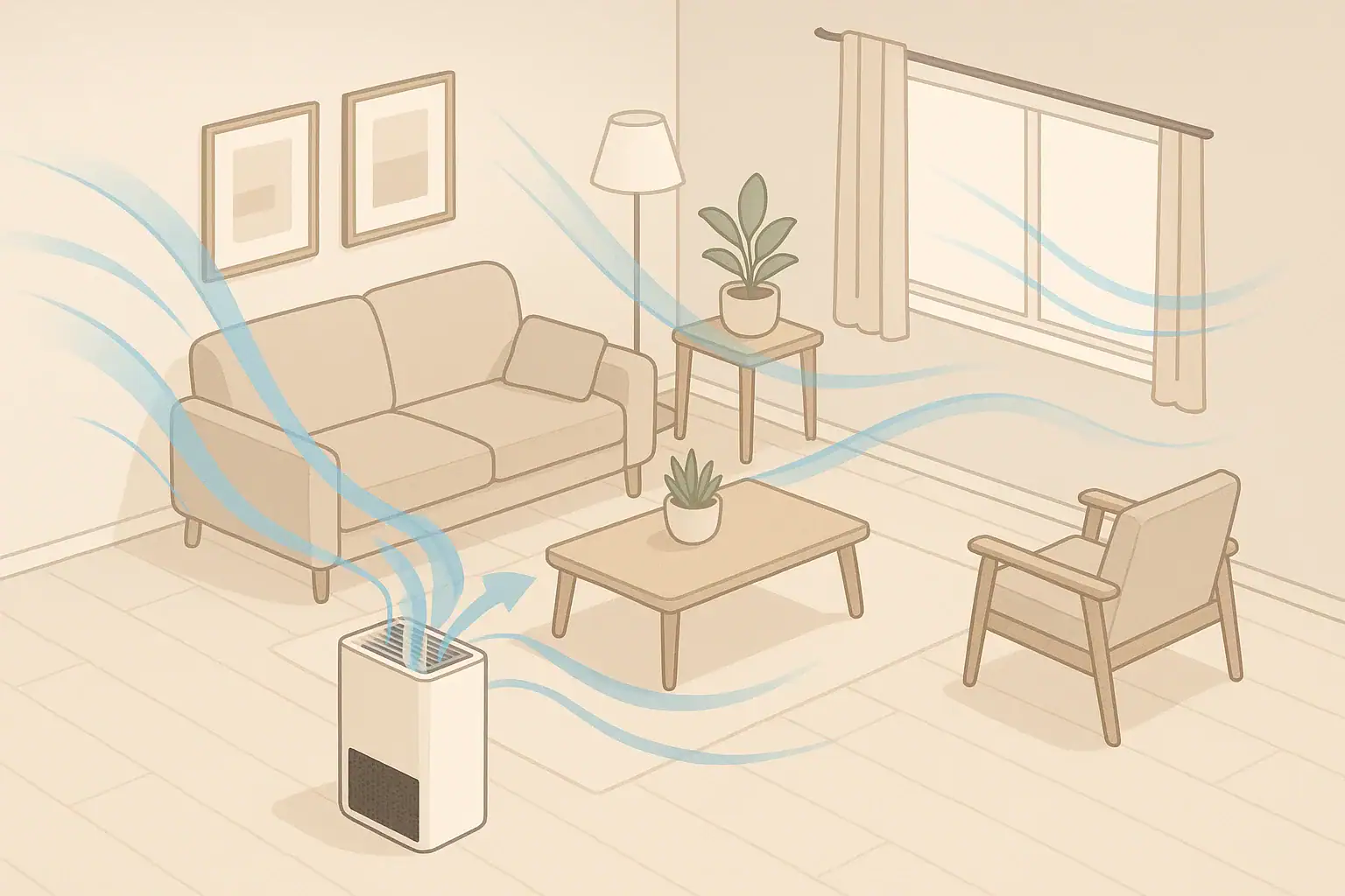 Isometric living room with air purifier reducing indoor gases