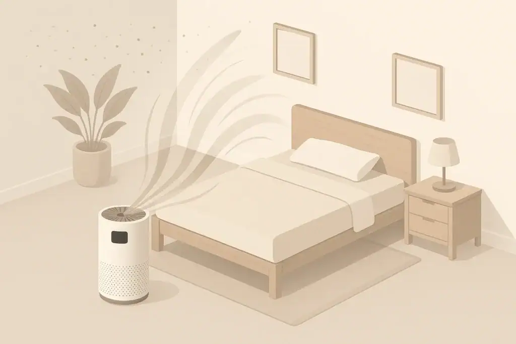 Bedroom with air purifier reducing pet dander particles