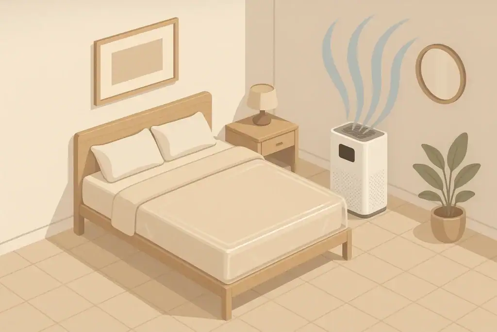 Isometric bedroom with air purifier and allergen proof bedding