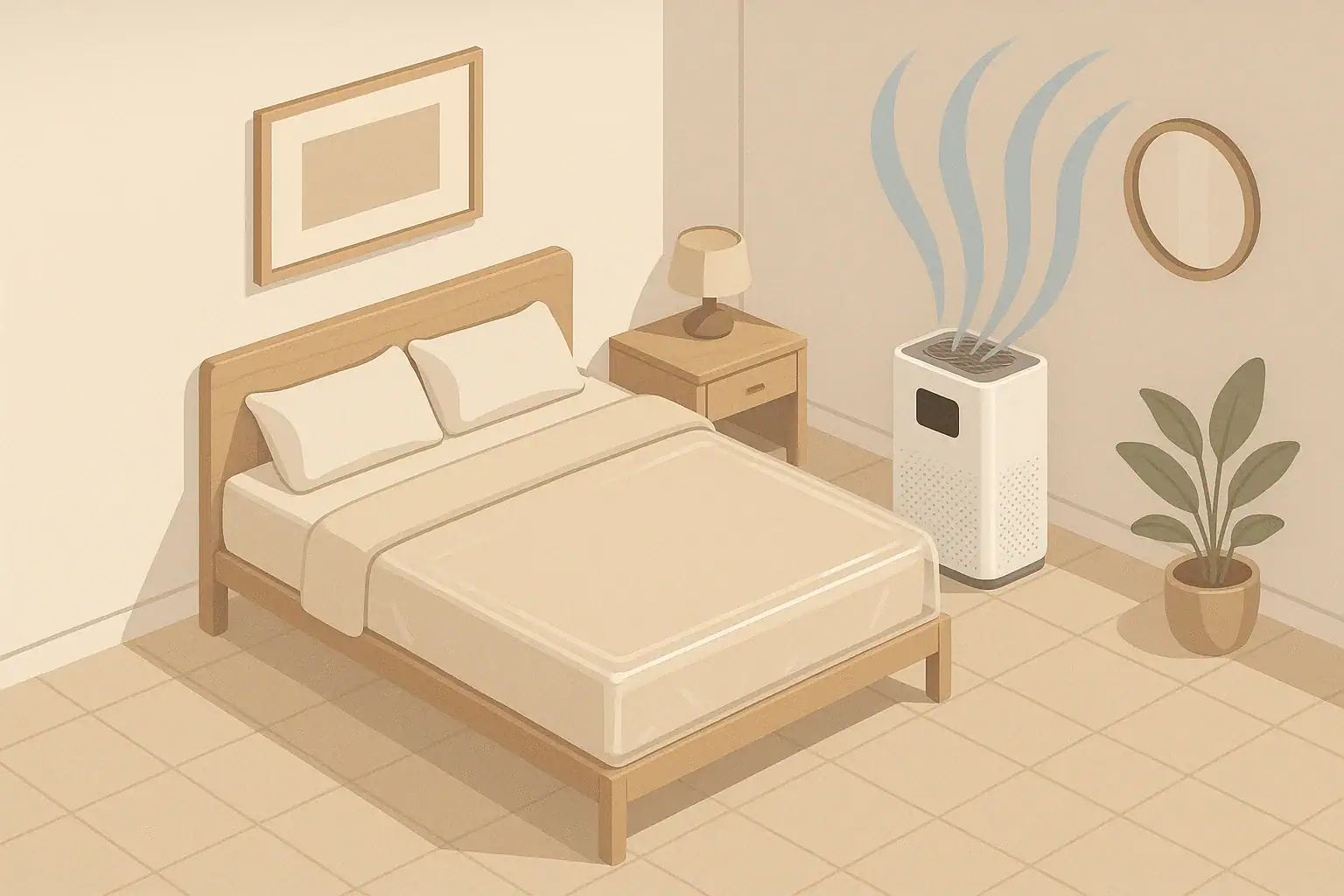 Isometric bedroom with air purifier and allergen proof bedding
