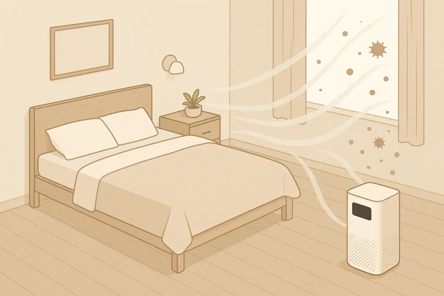 Isometric bedroom with air purifier capturing indoor particles