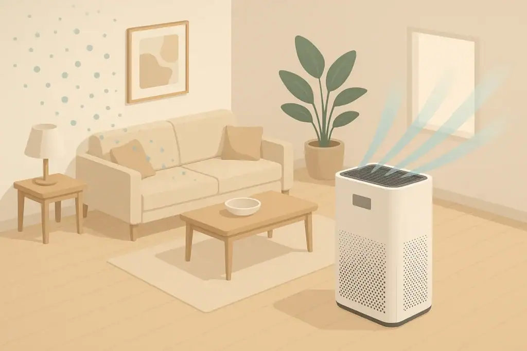 isometric living room with air purifier reducing fine particles