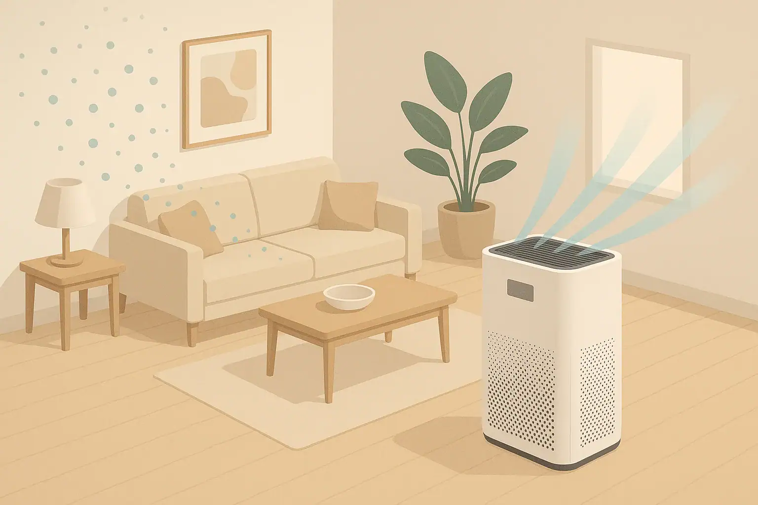 isometric living room with air purifier reducing fine particles