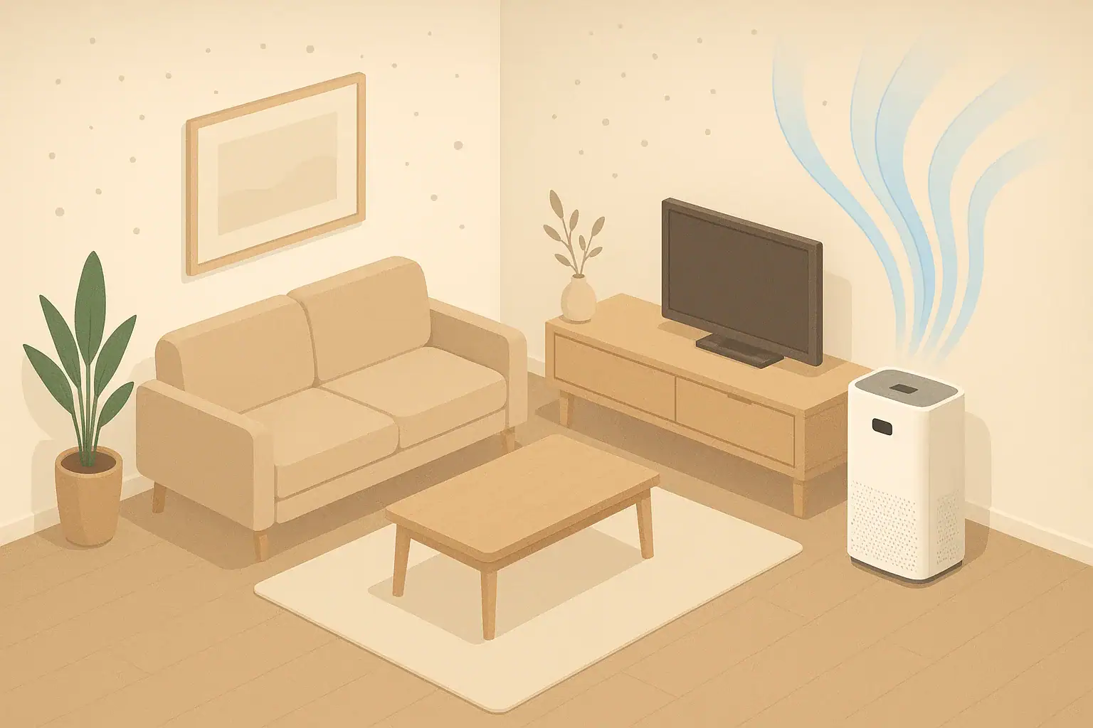 Isometric living room with airflow showing reduced dust