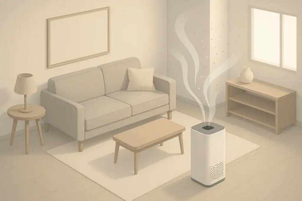 Isometric living room with air purifier reducing indoor particles