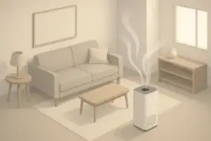 Isometric living room with air purifier reducing indoor particles