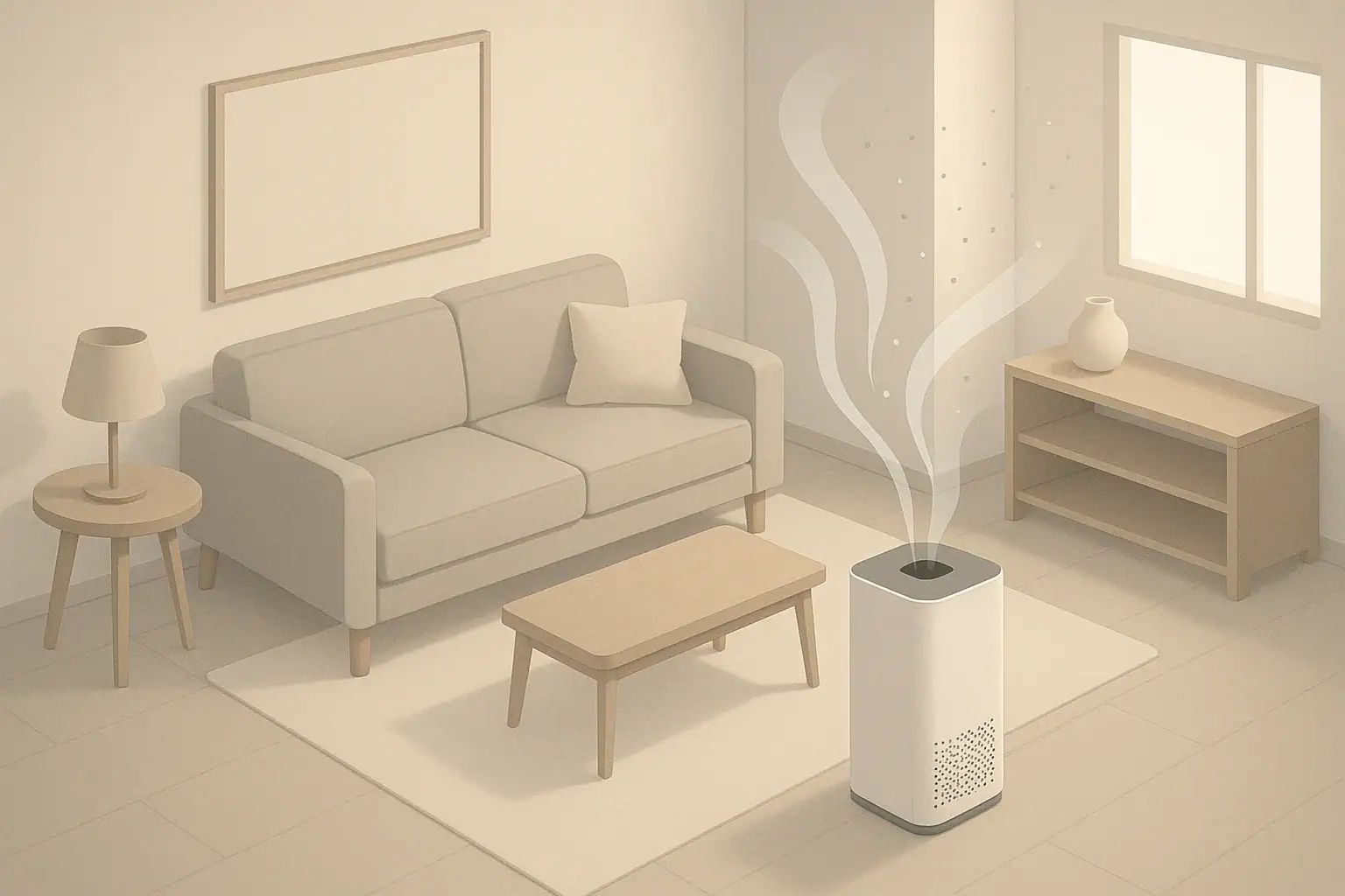 Isometric living room with air purifier reducing indoor particles