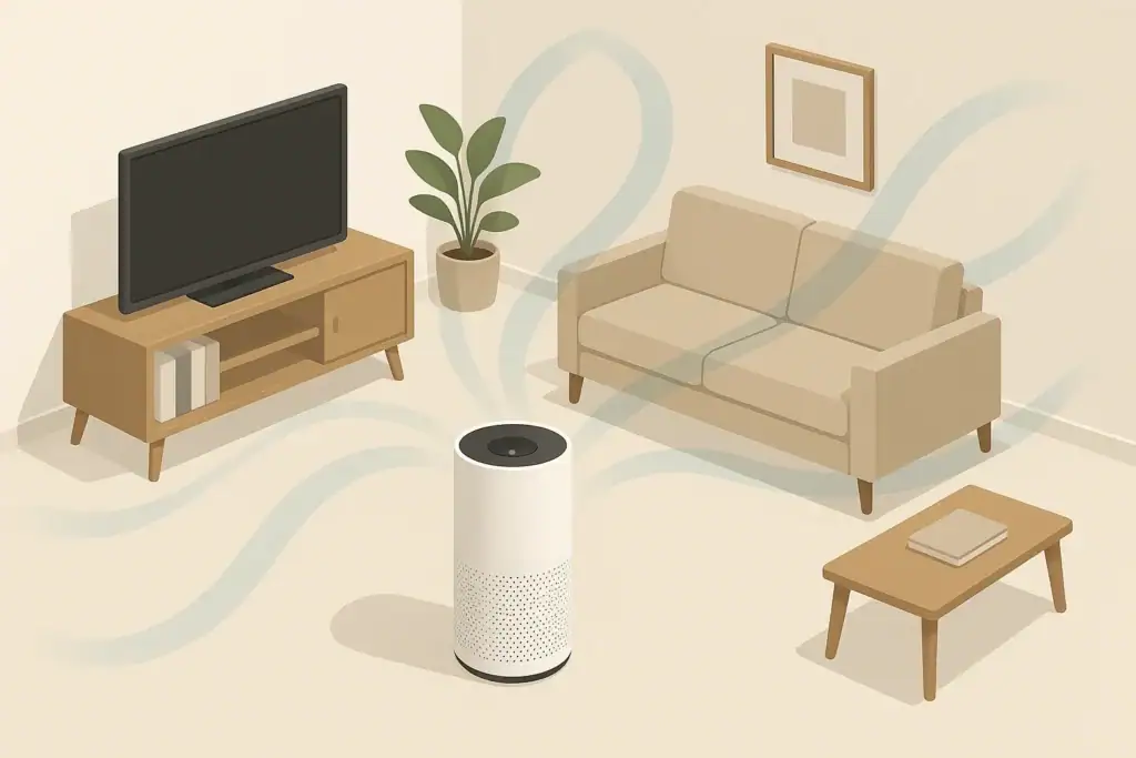 Isometric living room with air purifier and airflow paths