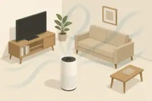 Isometric living room with air purifier and airflow paths