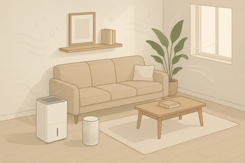 isometric living room with dehumidifier to control humidity