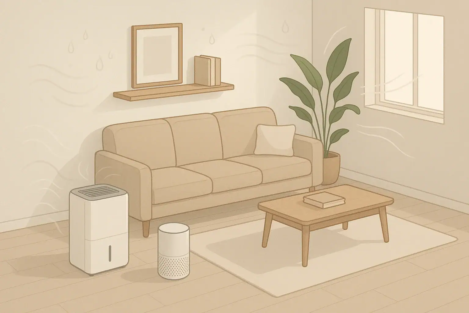 isometric living room with dehumidifier to control humidity
