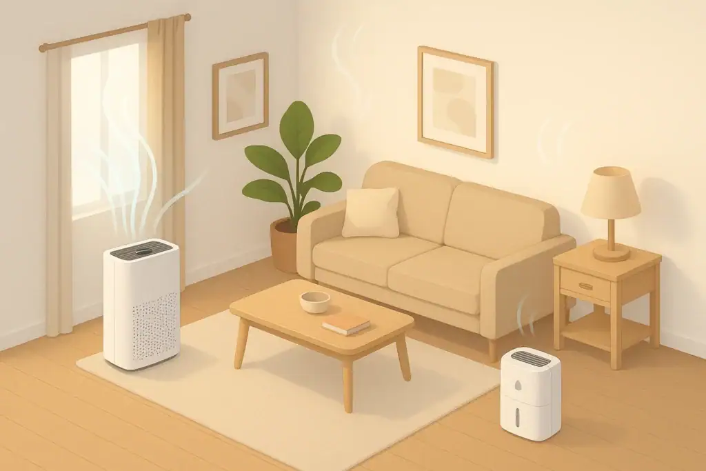 air purifier and dehumidifier in a tidy living room corner