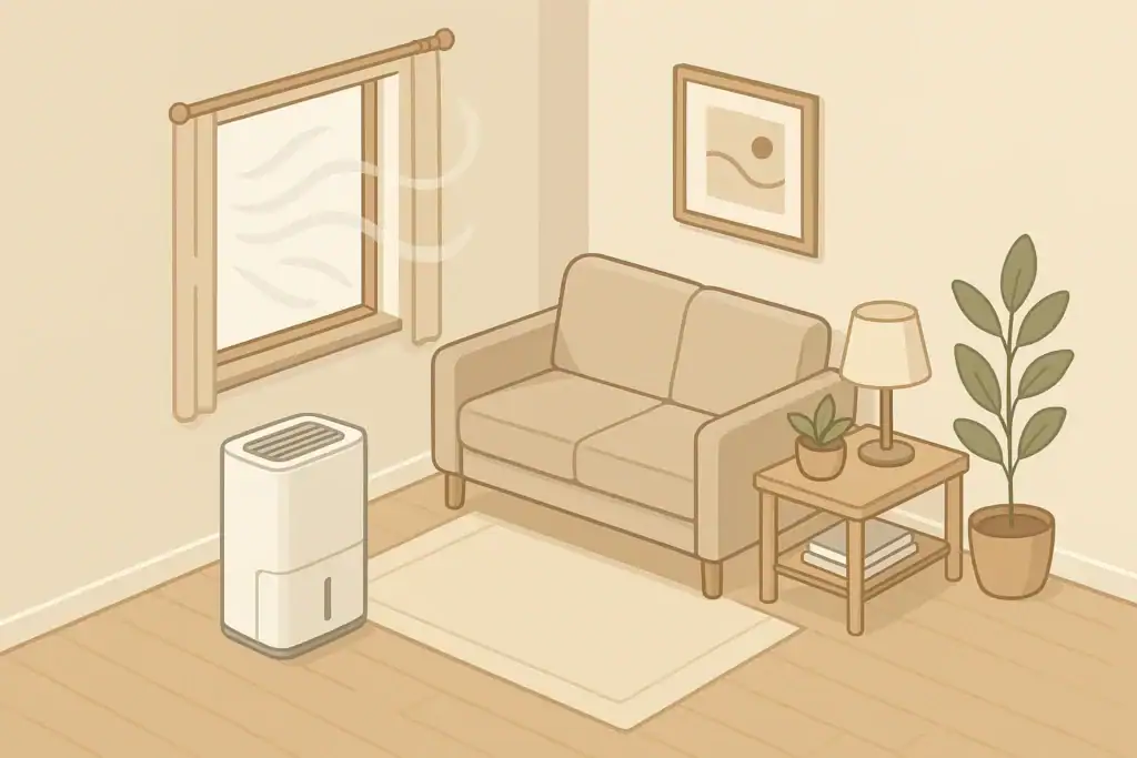 Isometric illustration of dehumidifier by window reducing humidity