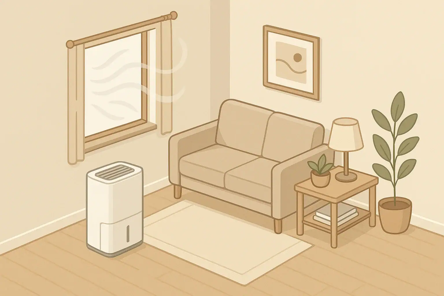 Isometric illustration of dehumidifier by window reducing humidity