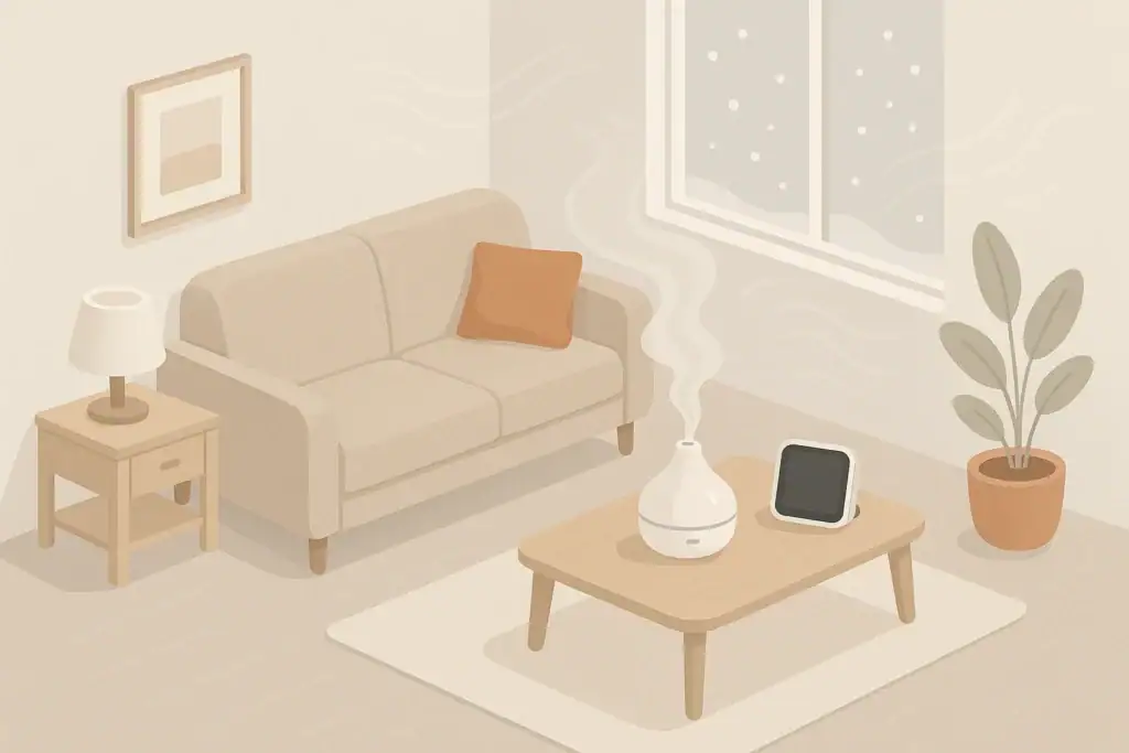 Isometric winter living room with humidifier and airflow