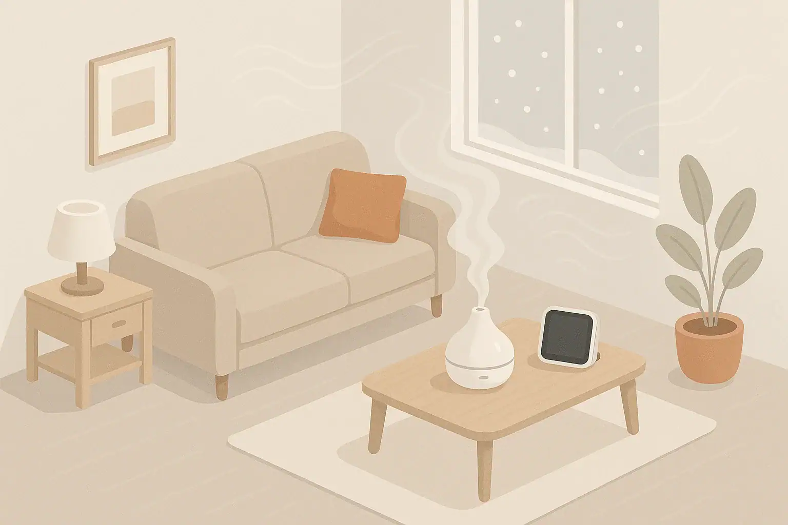 Isometric winter living room with humidifier and airflow