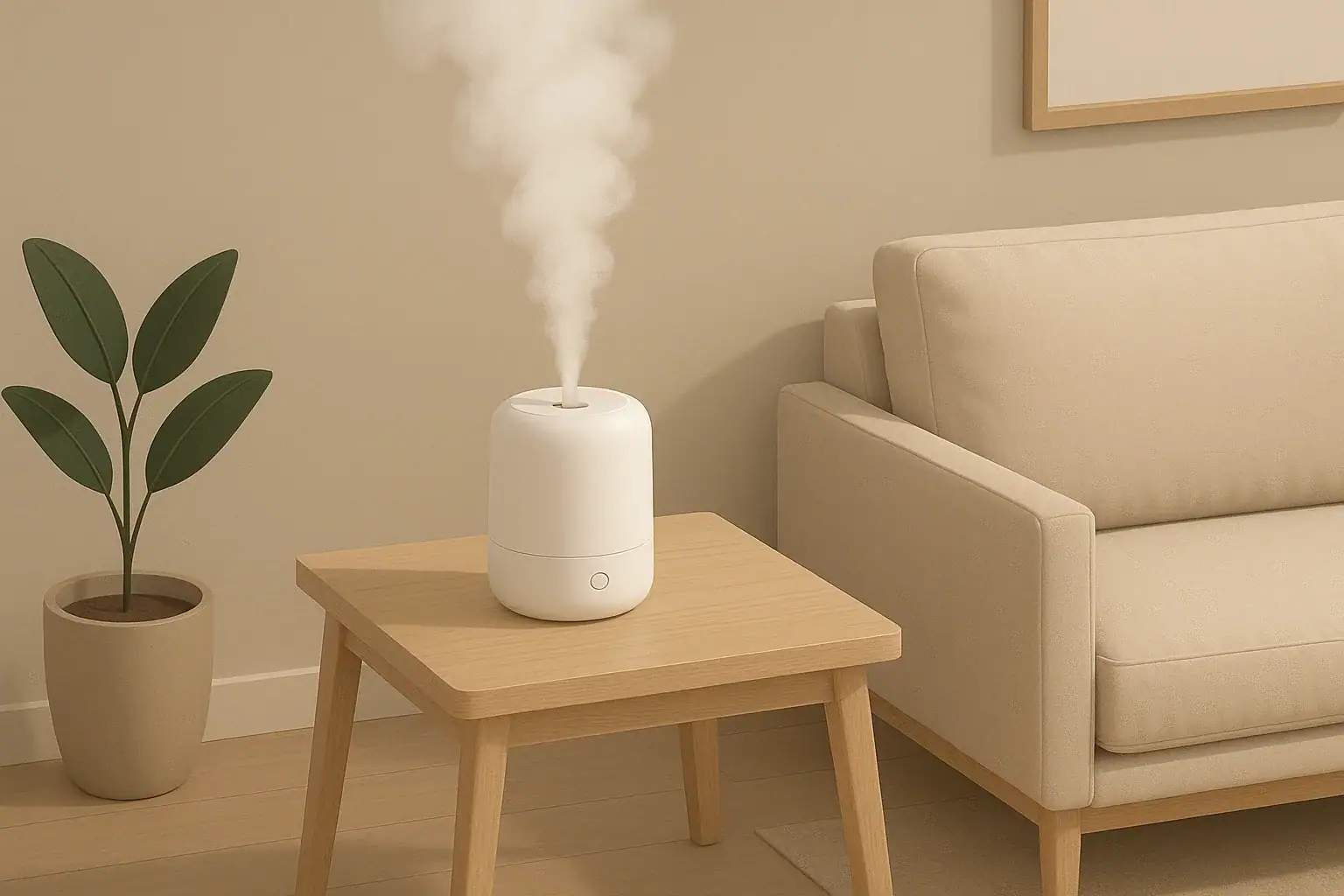 Isometric illustration of a small humidifier with gentle mist