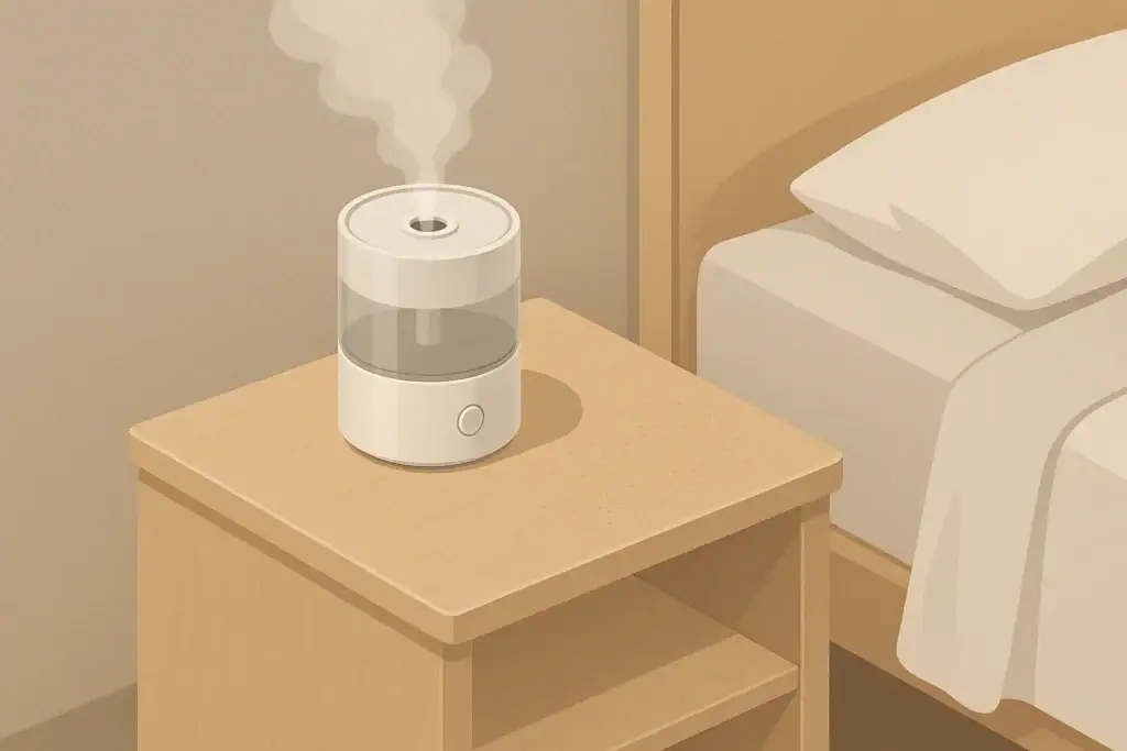 Isometric illustration of humidifier on bedside table in bedroom