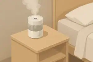 Isometric illustration of humidifier on bedside table in bedroom
