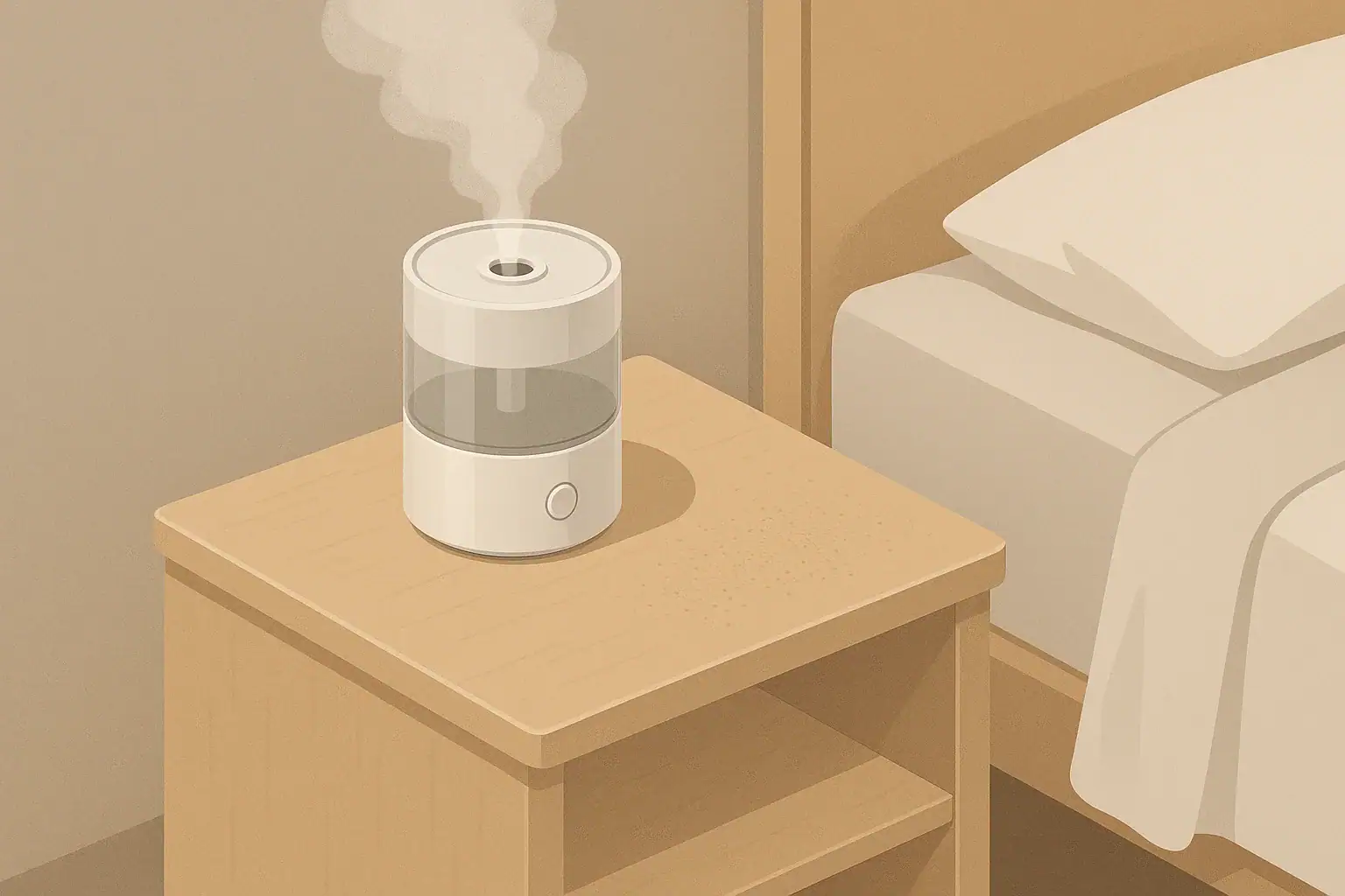 Isometric illustration of humidifier on bedside table in bedroom