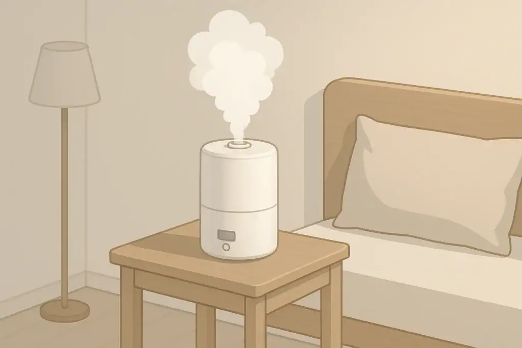 Isometric illustration of a humidifier on a bedside table
