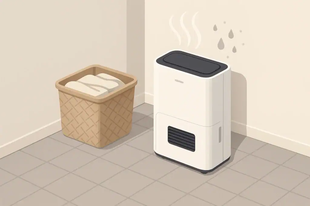Isometric illustration of a dehumidifier in a tidy laundry room