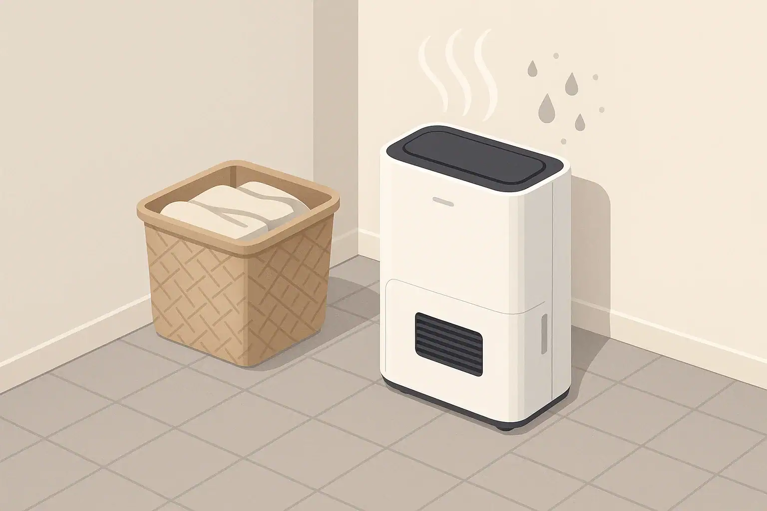 Isometric illustration of a dehumidifier in a tidy laundry room