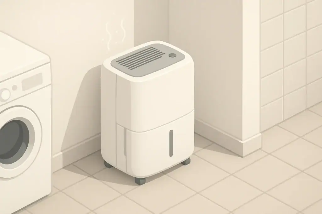 Isometric illustration of a home dehumidifier in a cold room