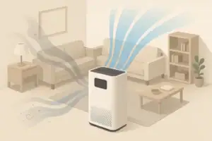 Isometric living room with air purifier cleaning smoky air