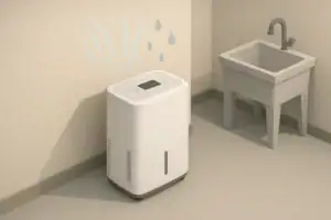 Isometric illustration of dehumidifier in a clean basement corner
