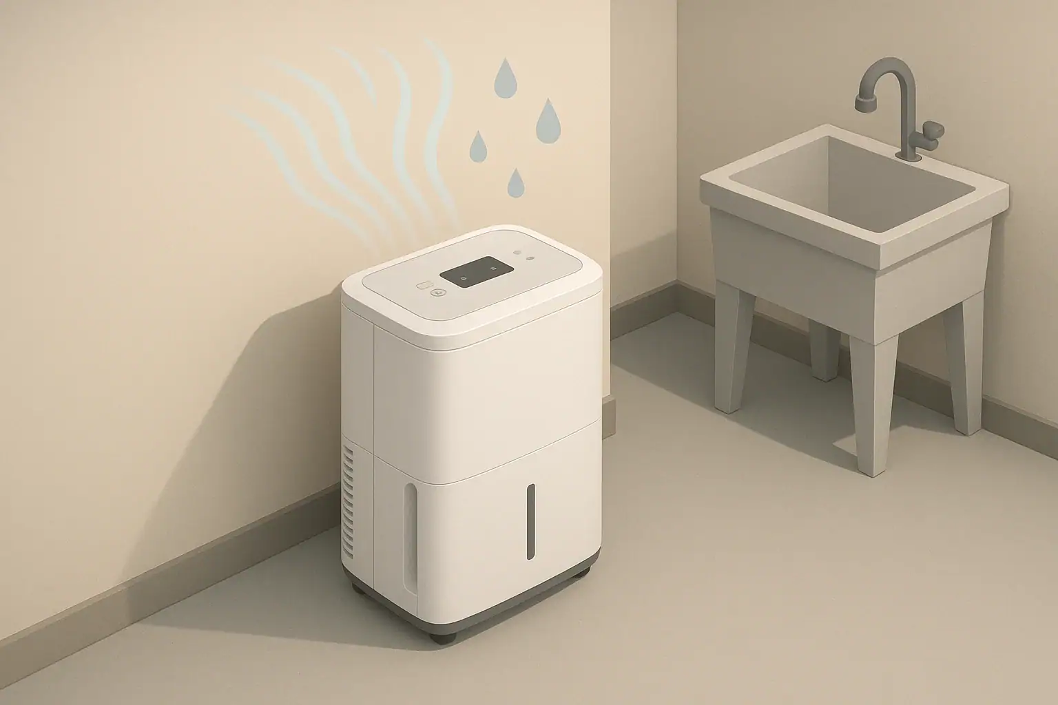 Isometric illustration of dehumidifier in a clean basement corner
