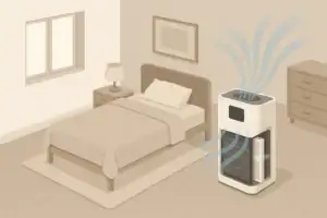 Isometric bedroom with air purifier capturing dust and pollen