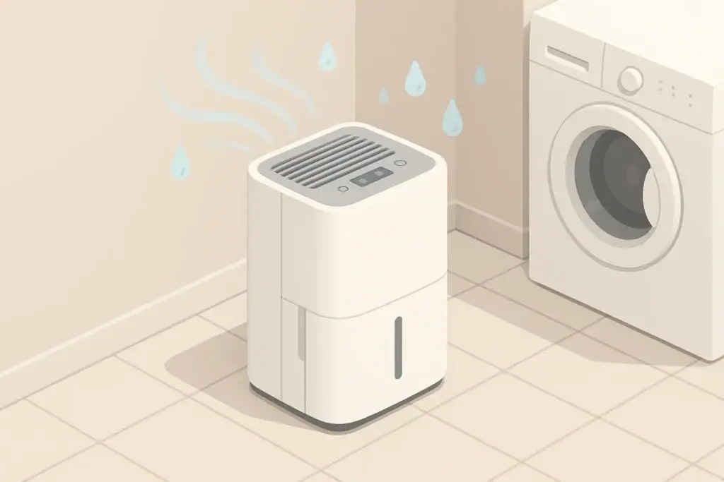 Isometric illustration of a dehumidifier in a tidy laundry room