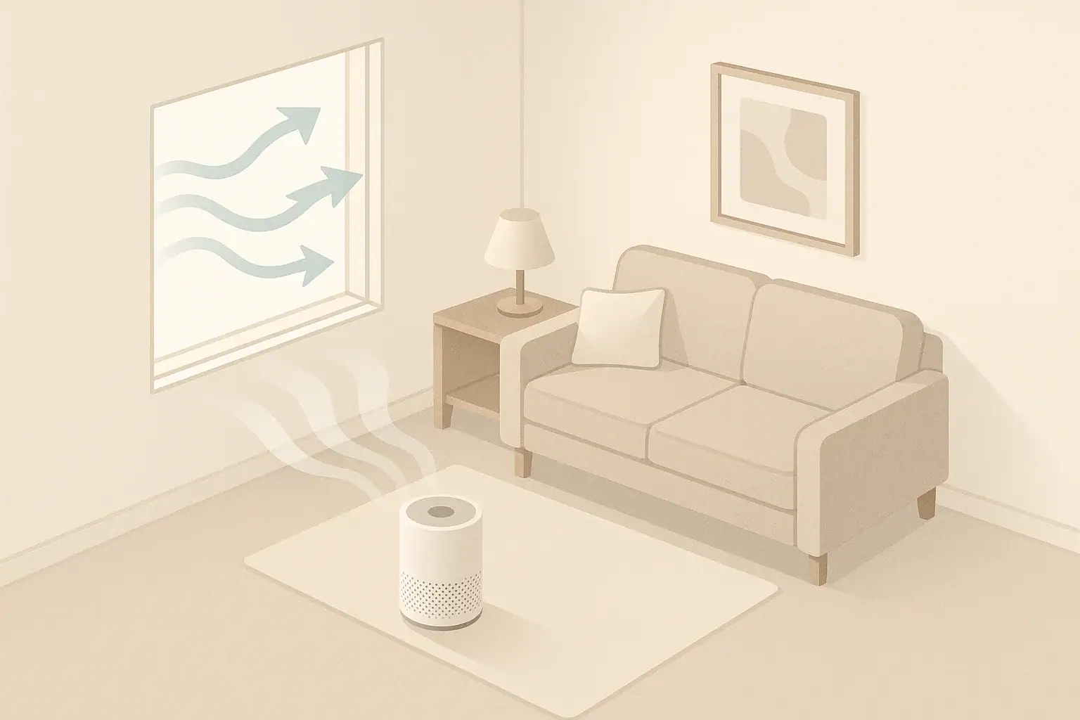 Living room with window ventilation and floor air purifier