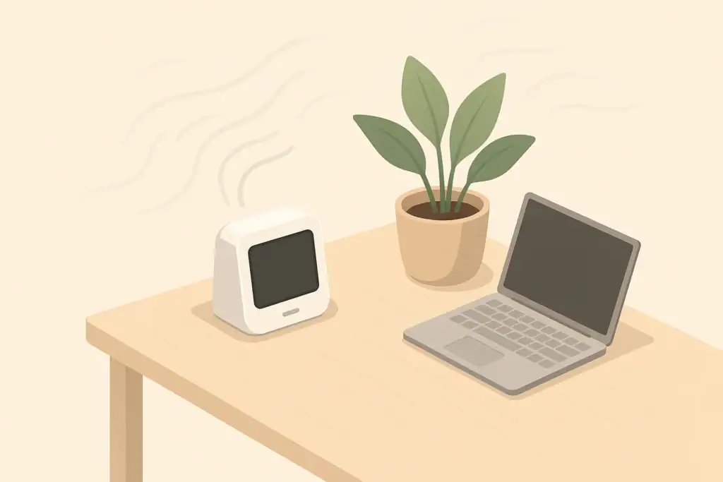 Isometric illustration of a home air quality monitor on desk