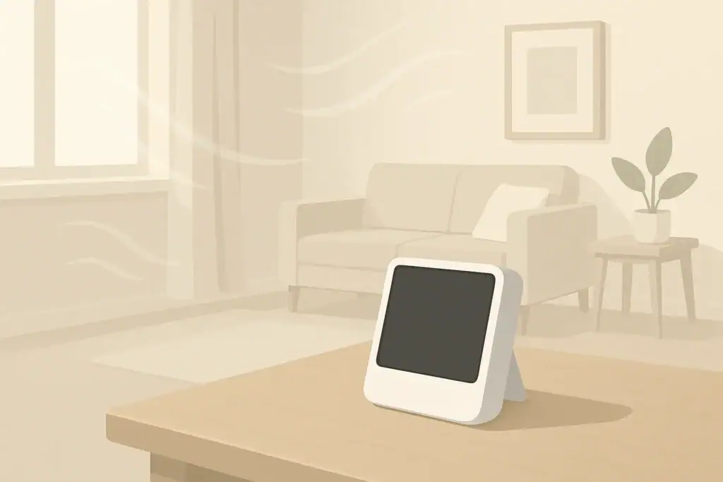 Isometric indoor air quality monitor on a modern desk
