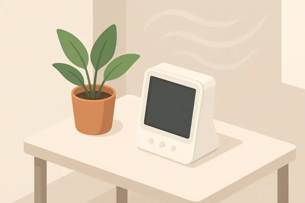 Isometric illustration of a home air quality monitor on a desk