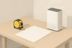 Isometric illustration of room air purifier sizing scene