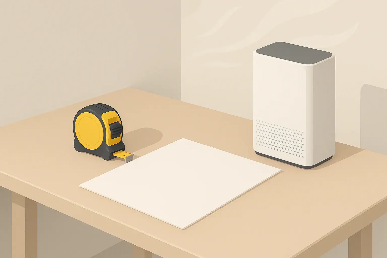 Isometric illustration of room air purifier sizing scene