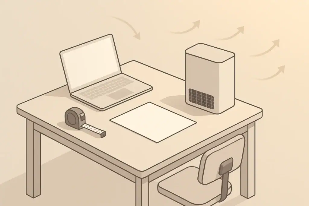 Isometric illustration of room size planning with air purifier