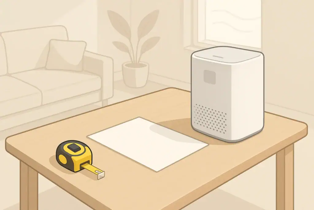 Isometric room scene with generic air purifier and measuring tools