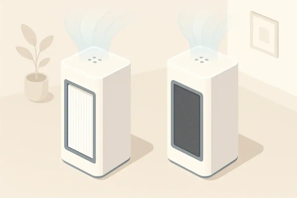 Isometric illustration comparing HEPA and carbon air filters