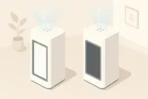 Isometric illustration comparing HEPA and carbon air filters