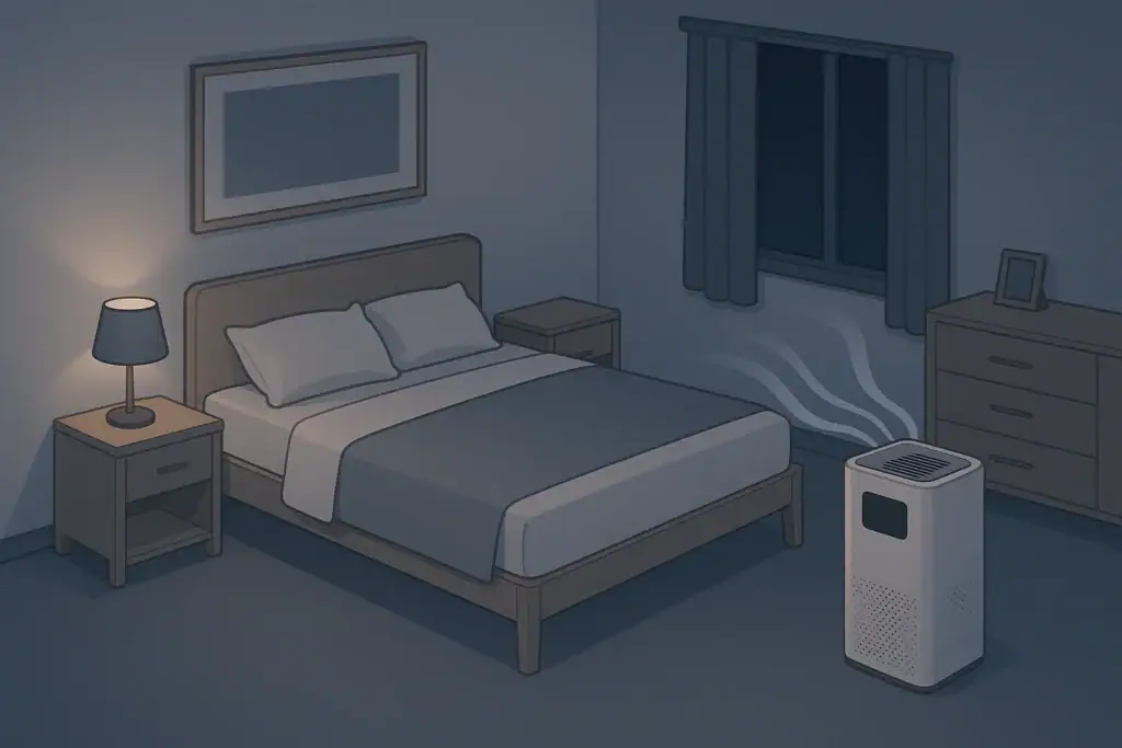Isometric bedroom with quiet air purifier running beside bed