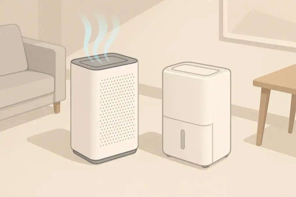 isometric illustration of an air purifier and dehumidifier indoors