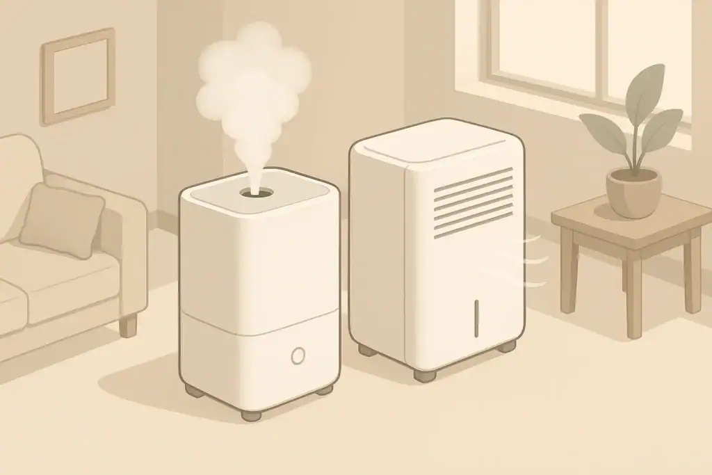 Isometric comparison of humidifier and dehumidifier in a living room