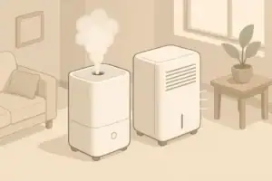 Isometric comparison of humidifier and dehumidifier in a living room